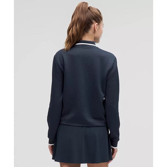 Textured Long-Sleeve Tennis Polo - True Navy/White - Picture 2 of 5